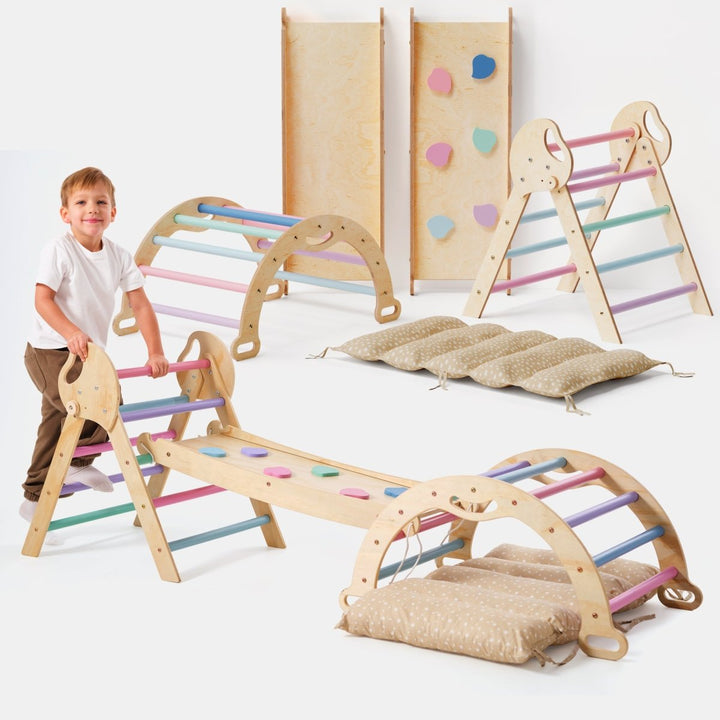 Conjunto de Escalada Montessori 4 em 1: Triângulo Pikler, Arco, Prancha de Escorregar e Almofada para Crianças Pequenas (1–3 anos) – Tons Pastel