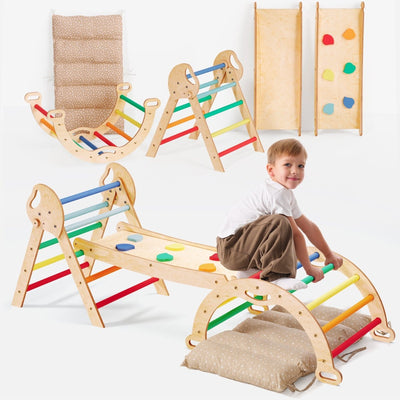 Conjunto de Escalada Montessori 4 em 1: Triângulo Pikler, Arco, Prancha de Escorregar e Almofada para Crianças Pequenas (1–3 anos) – Arco-Íris