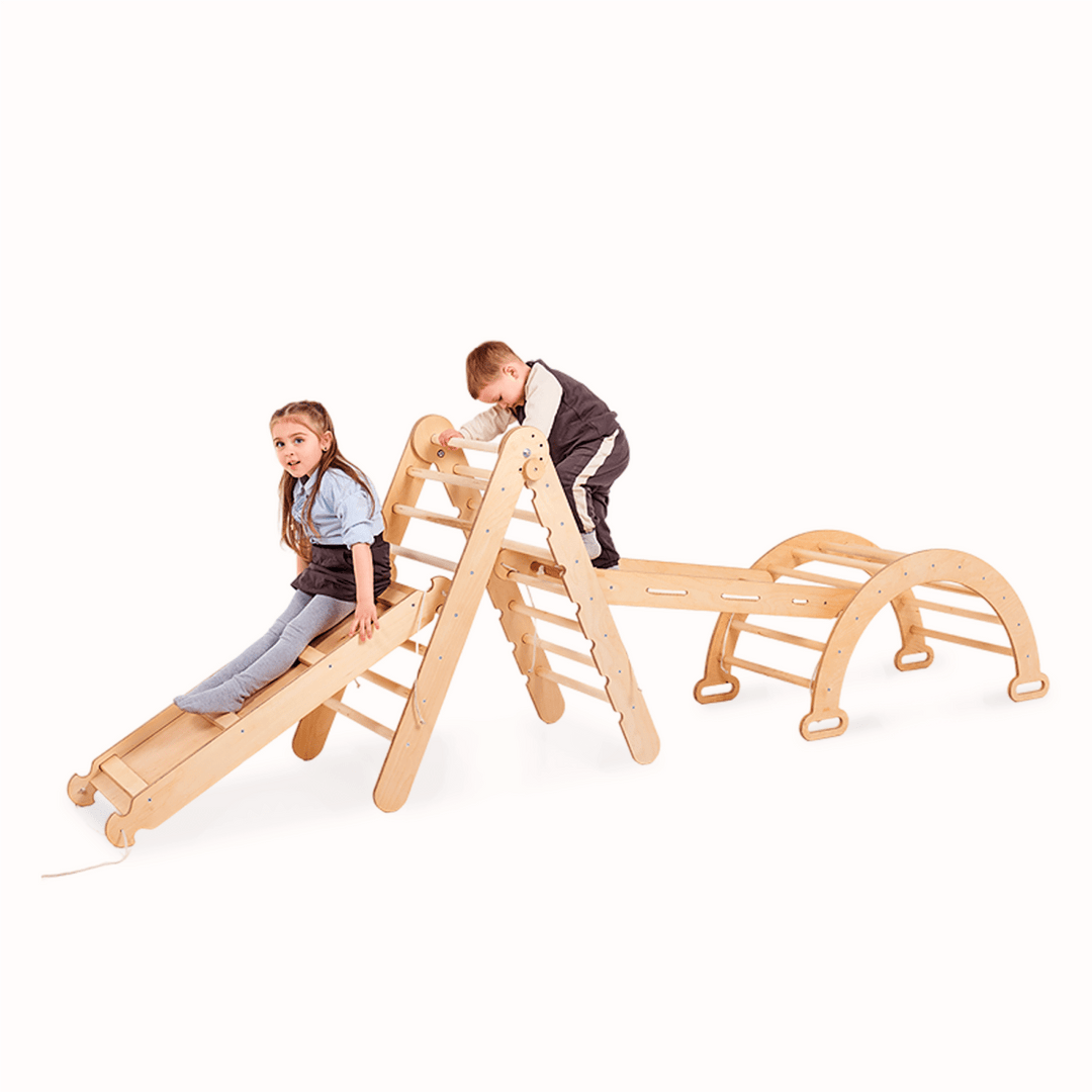 Conjunto de estrutura de escalada Montessori 4 em 1: Escada triangular + Arco/Baloiço + Escorrega/Rampa + Rede de escalada