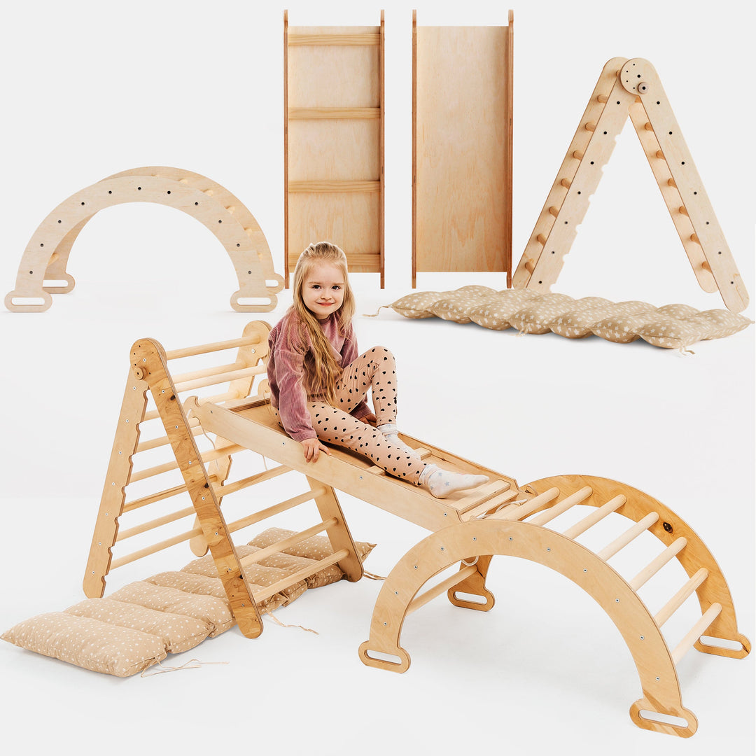Conjunto de escalada Montessori 4 em 1: Escada Triangular + Arco de Escalada + Escorrega + Almofada Bege