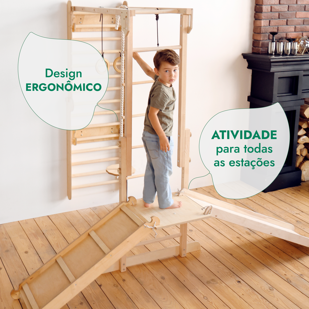 Conjunto de Brincadeira Jungle 7-em-1 para Crianças: Escada Sueca + Barras de Macaco + Balanço + Escorrega + Rampa