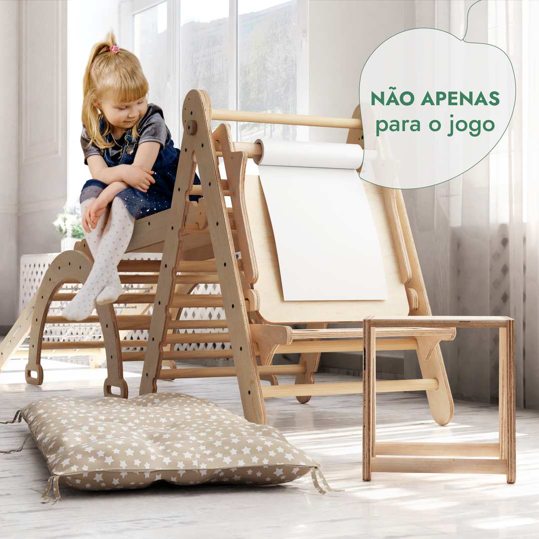 Conjunto de escalada Montessori 6 em 1: Escada triangular + Arco/Baloiço + Escorrega/Rampa + Rede + Almofada + Acessório de desenho e arte