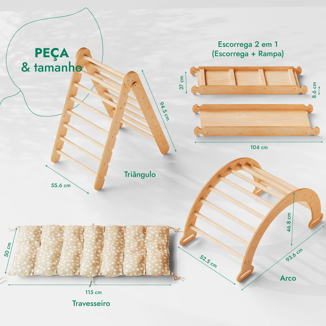 Conjunto de escalada Montessori 4 em 1: Escada Triangular + Arco de Escalada + Escorrega + Almofada Bege