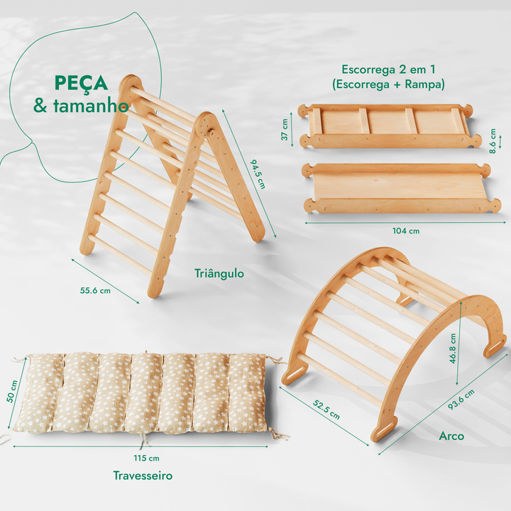 Conjunto de escalada Montessori 4 em 1: Escada Triangular + Arco de Escalada + Escorrega + Almofada Bege