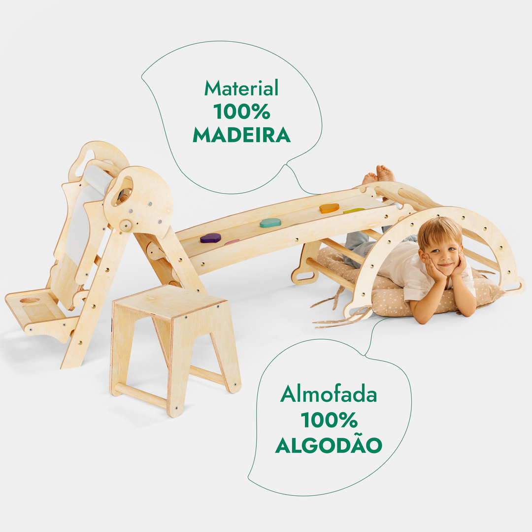 Conjunto de trepar 5 em 1 para crianças: Escada Triangular + Arco de Escalada + Escorrega + Almofada + Acessório de desenho e arte