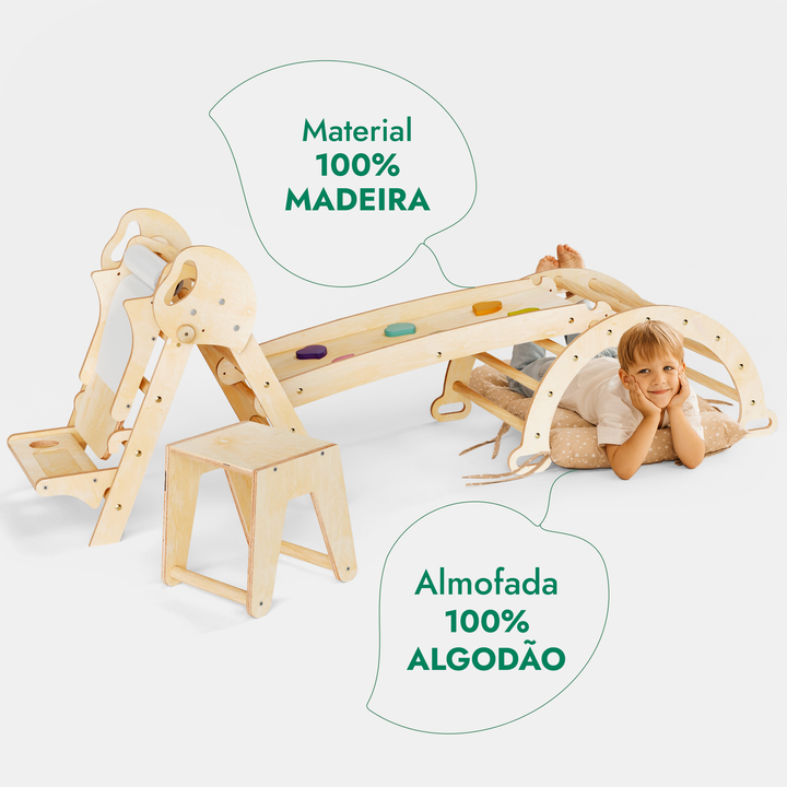 Conjunto de trepar 5 em 1 para crianças: Escada Triangular + Arco de Escalada + Escorrega + Almofada + Acessório de desenho e arte