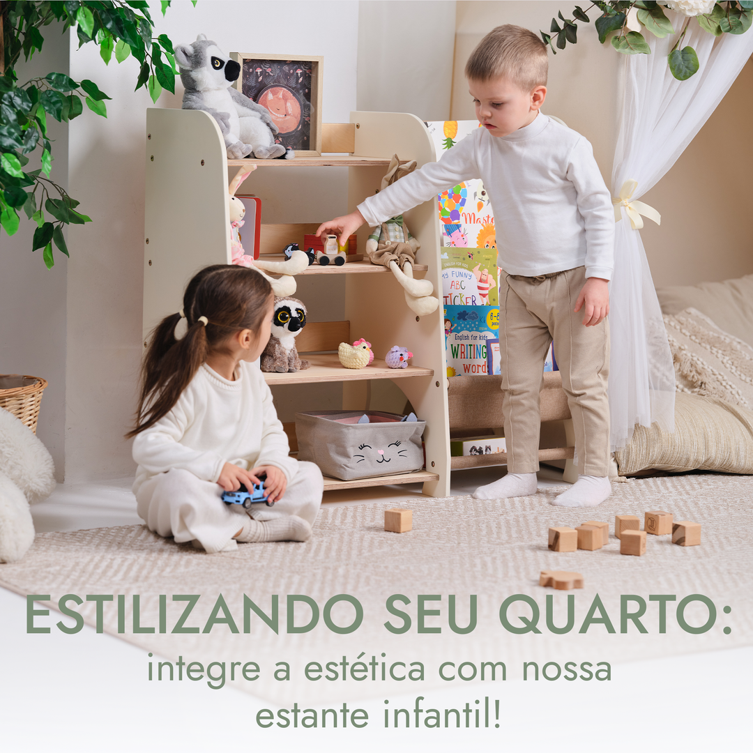 Prateleiras Montessori de Madeira 2‑em‑1 para Crianças: Estante para Livros e Brinquedos