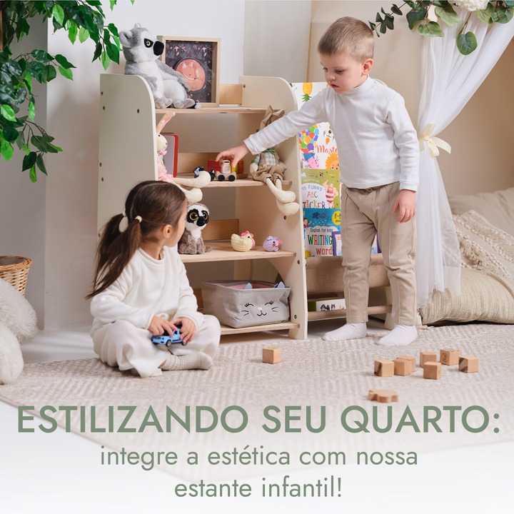 Prateleiras Montessori de Madeira 2‑em‑1 para Crianças: Estante para Livros e Brinquedos