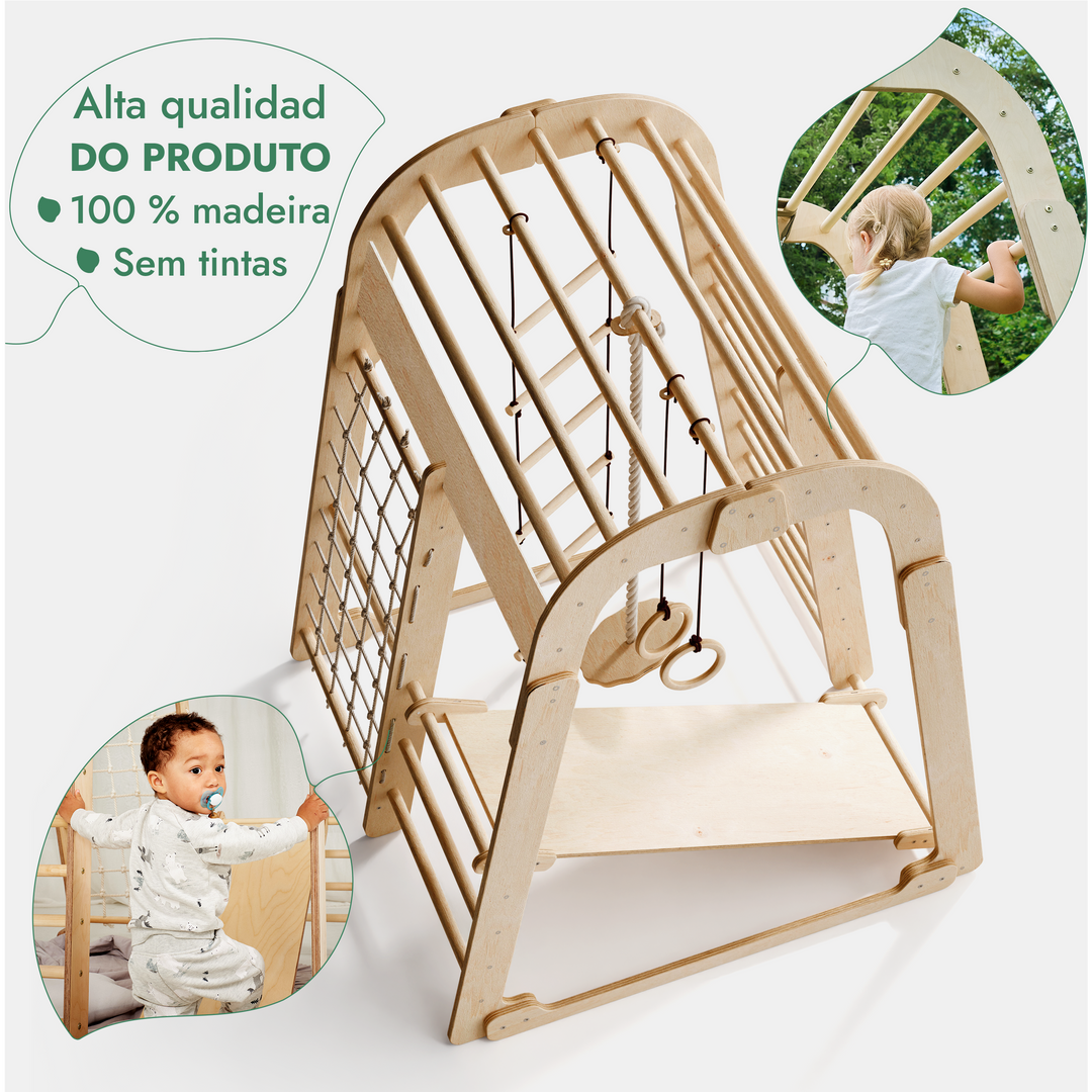 Parque infantil interior em madeira para crianças - Parque infantil 6 em 1 + conjunto de baloiços + escorrega