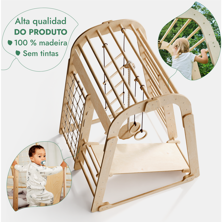 Parque infantil interior em madeira para crianças - Parque infantil 6 em 1 + conjunto de baloiços + escorrega