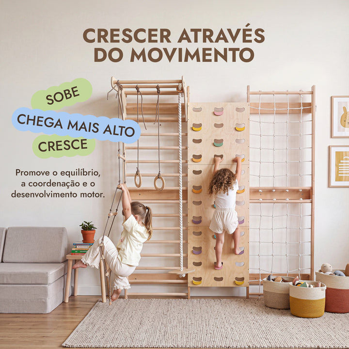 7-in-1 Parede de Escalada para Crianças: espaldar, rede, barra e baloiços 3em1
