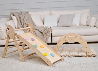 Conjunto de trepar 4 em 1 para crianças: Escada Triangular + Arco de Escalada + Escorrega + Almofada