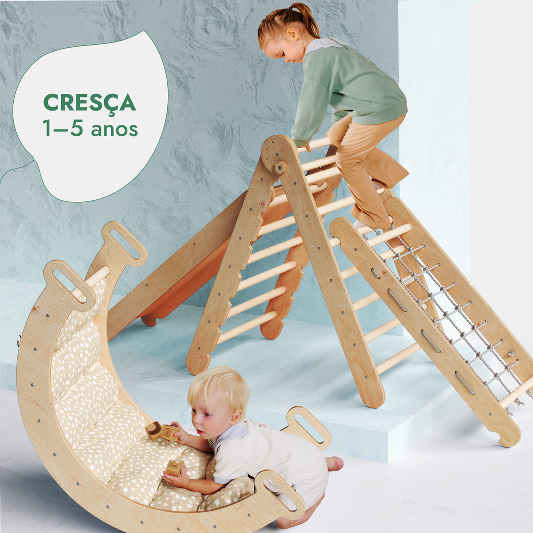 Conjunto de estrutura de escalada Montessori 5 em 1: Escada triangular + Arco/Baloiço + Escorrega/Rampa + Rede de escalada + Almofada