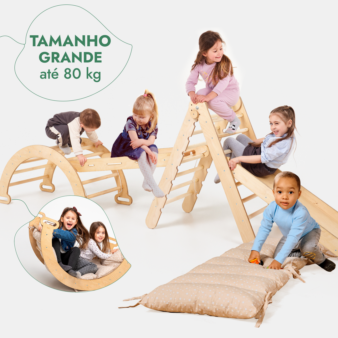 Conjunto de estrutura de escalada Montessori 5 em 1: Escada triangular + Arco/Baloiço + Escorrega/Rampa + Rede de escalada + Almofada