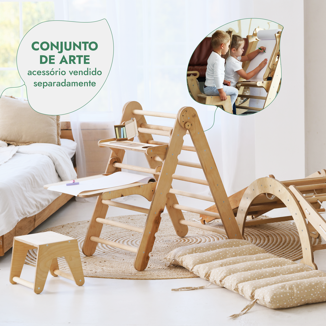 Conjunto de estrutura de escalada Montessori 5 em 1: Escada triangular + Arco/Baloiço + Escorrega/Rampa + Rede de escalada + Almofada