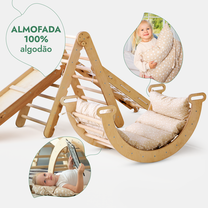 Conjunto de estrutura de escalada Montessori 5 em 1: Escada triangular + Arco/Baloiço + Escorrega/Rampa + Rede de escalada + Almofada