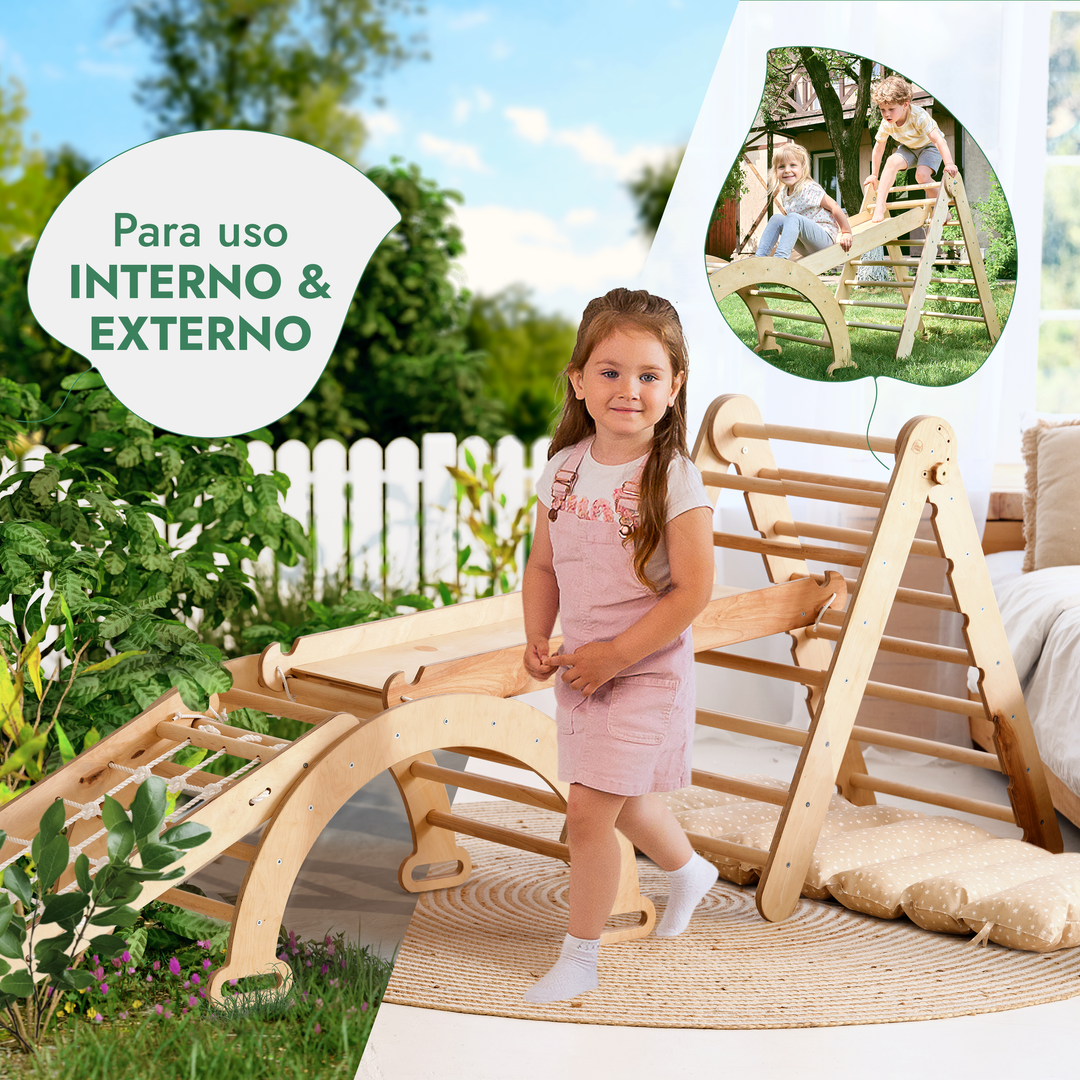 Conjunto de estrutura de escalada Montessori 5 em 1: Escada triangular + Arco/Baloiço + Escorrega/Rampa + Rede de escalada + Almofada