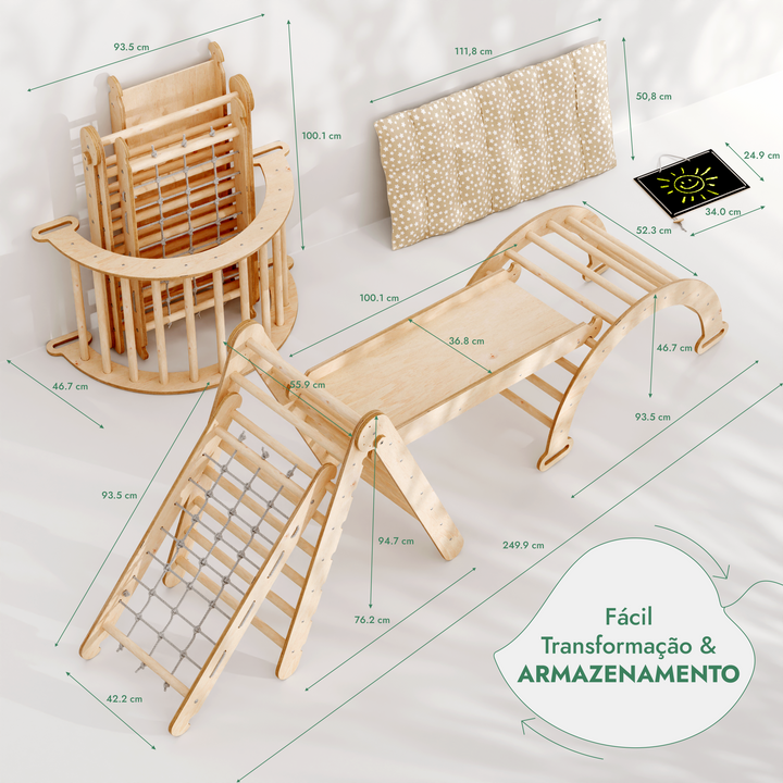 Conjunto de estrutura de escalada Montessori 5 em 1: Escada triangular + Arco/Baloiço + Escorrega/Rampa + Rede de escalada + Almofada