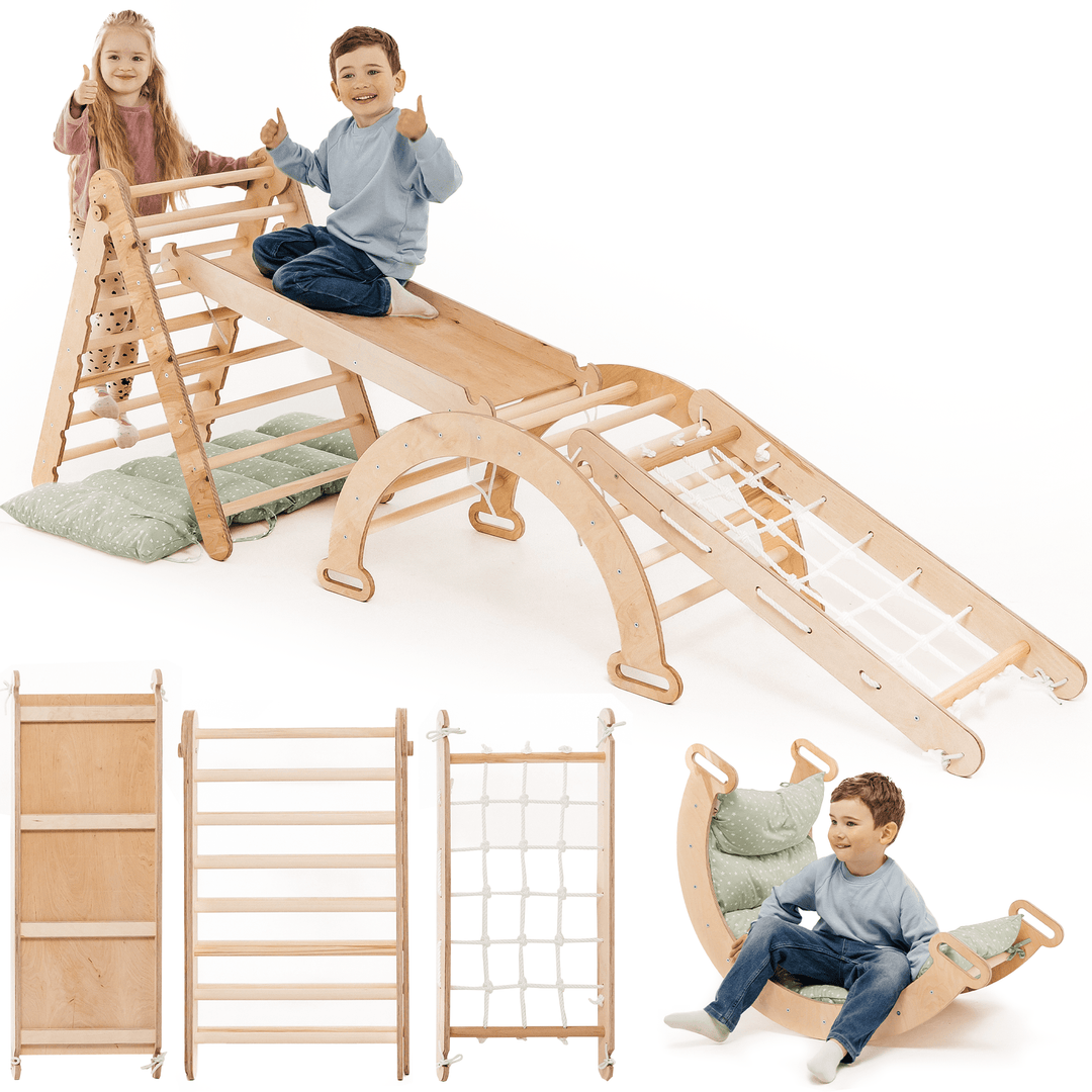 Conjunto de estrutura de escalada Montessori 5 em 1: Escada triangular + Arco/Baloiço + Escorrega/Rampa + Rede de escalada + Almofada