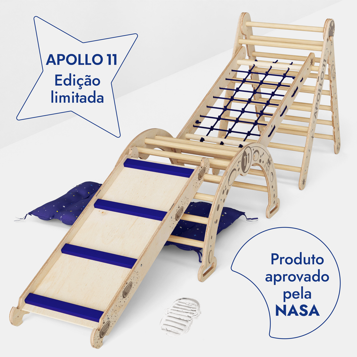 Conjunto de escalada Apollo 5 em 1: Triângulo Pikler, Rede, Arco, Escorrega e Almofada para Pequenos Astronautas