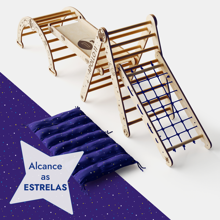 Conjunto de escalada Apollo 5 em 1: Triângulo Pikler, Rede, Arco, Escorrega e Almofada para Pequenos Astronautas