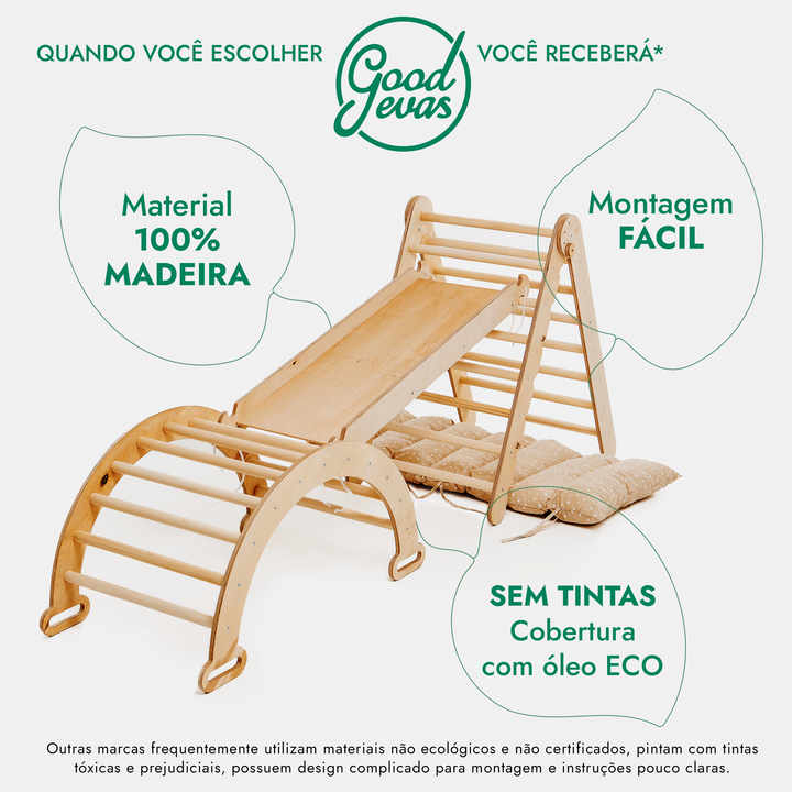 Conjunto de escalada Montessori 4 em 1: Escada Triangular + Arco de Escalada + Escorrega + Almofada Bege