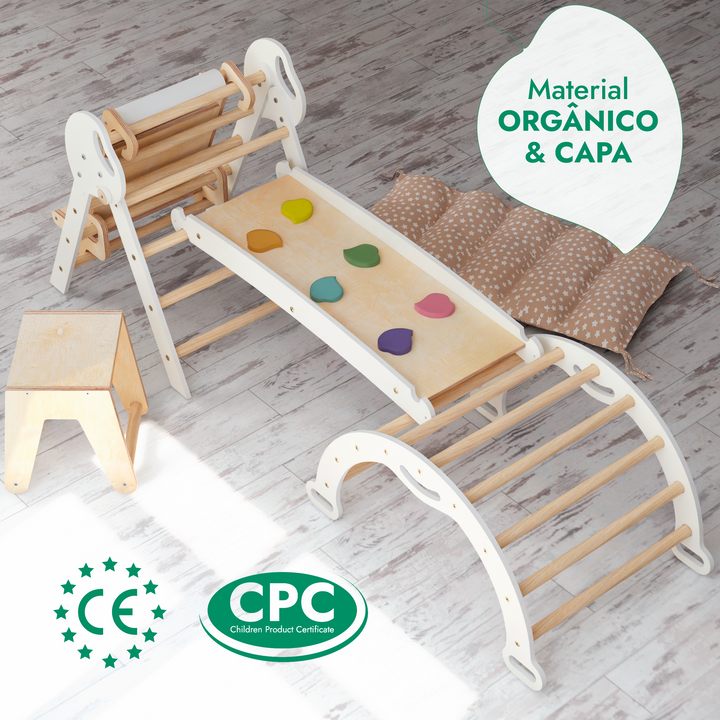 Conjunto de trepar 5 em 1 para crianças: Escada Triangular + Arco de Escalada + Escorrega + Almofada + Acessório de desenho e arte