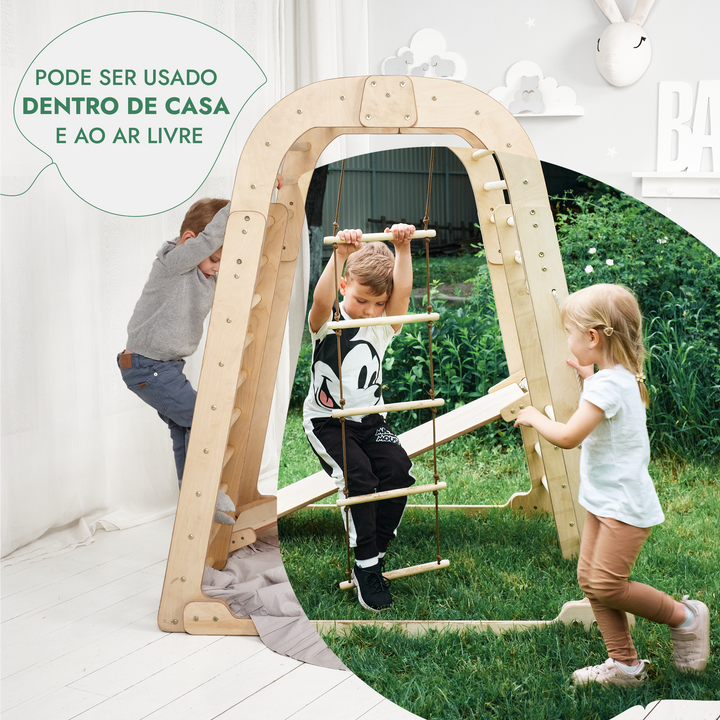 Parque infantil interior em madeira para crianças - Parque infantil 6 em 1 + conjunto de baloiços + escorrega