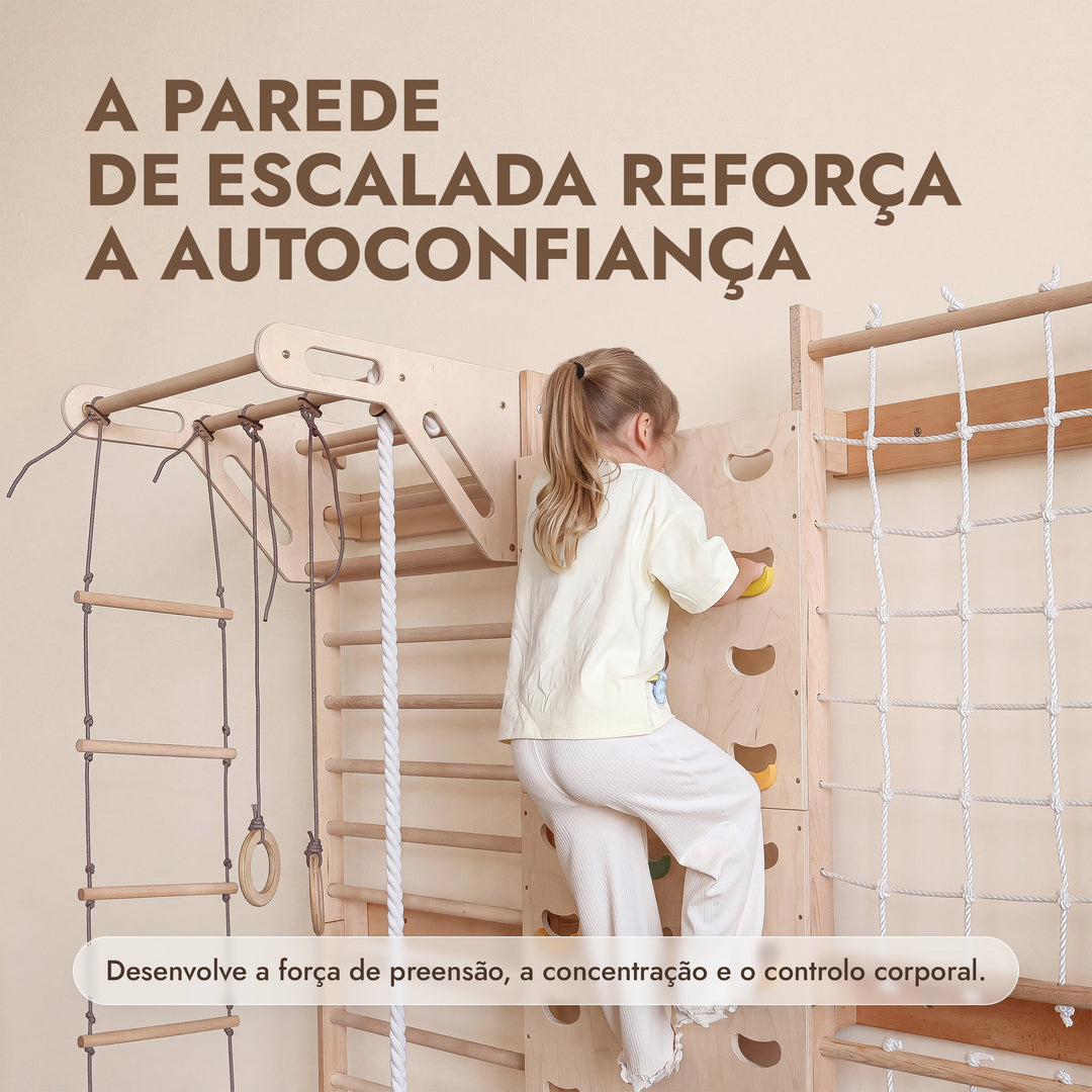 7-in-1 Parede de Escalada para Crianças: espaldar, rede, barra e baloiços 3em1