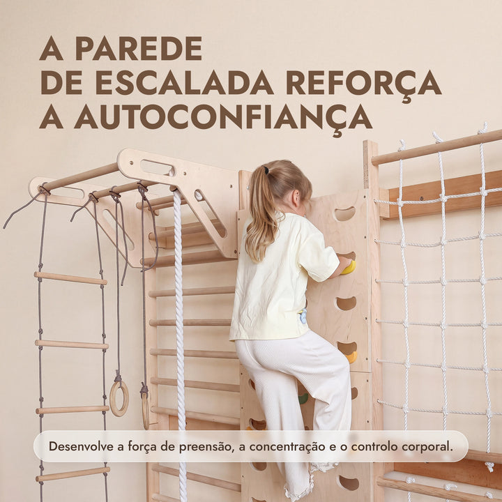 7-in-1 Parede de Escalada para Crianças: espaldar, rede, barra e baloiços 3em1