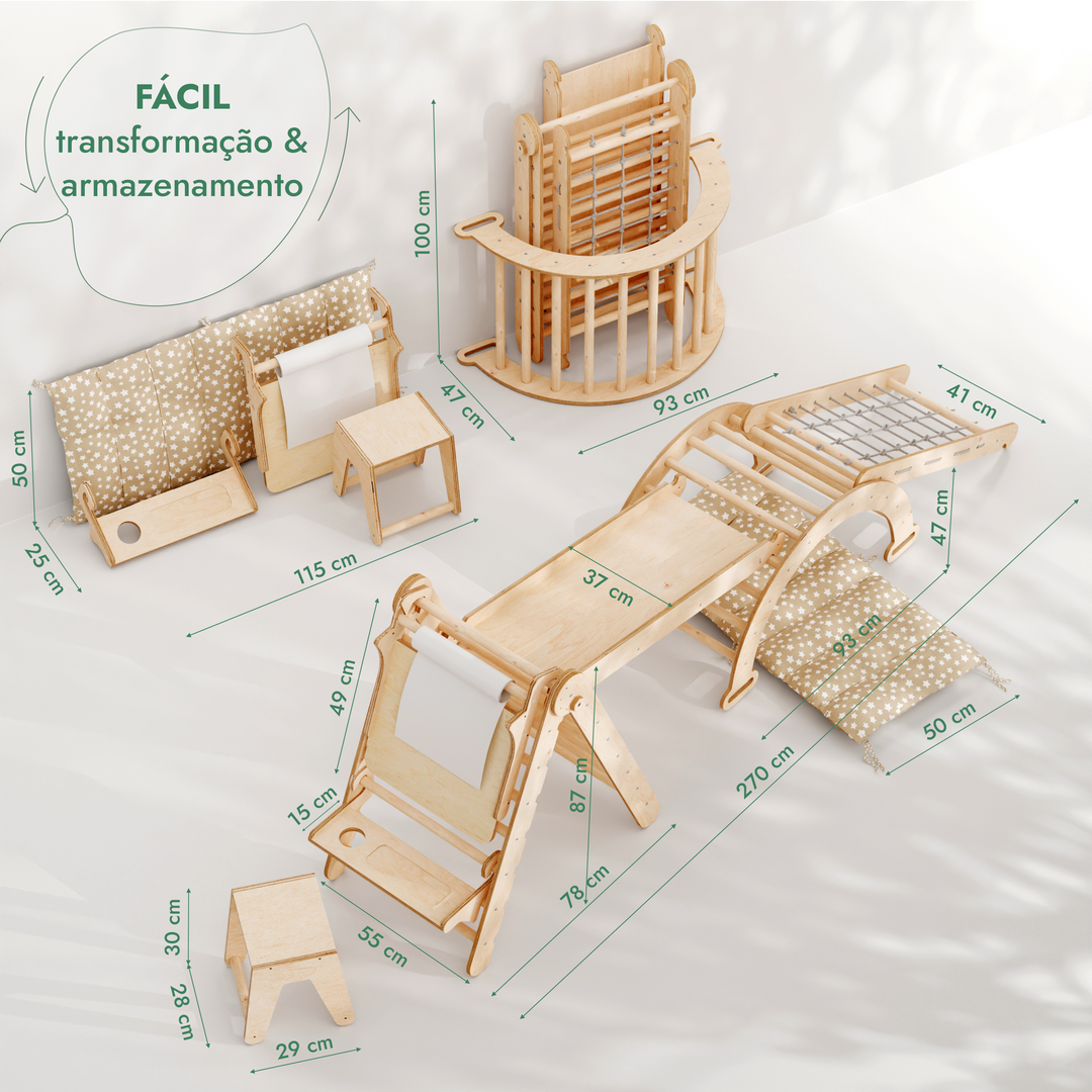 Conjunto de escalada Montessori 6 em 1: Escada triangular + Arco/Baloiço + Escorrega/Rampa + Rede + Almofada + Acessório de desenho e arte