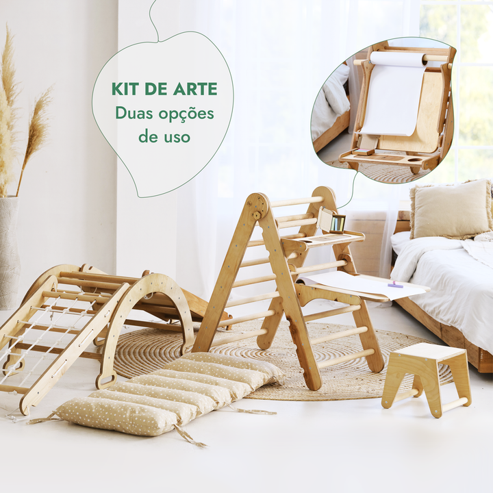 Conjunto de escalada Montessori 6 em 1: Escada triangular + Arco/Baloiço + Escorrega/Rampa + Rede + Almofada + Acessório de desenho e arte