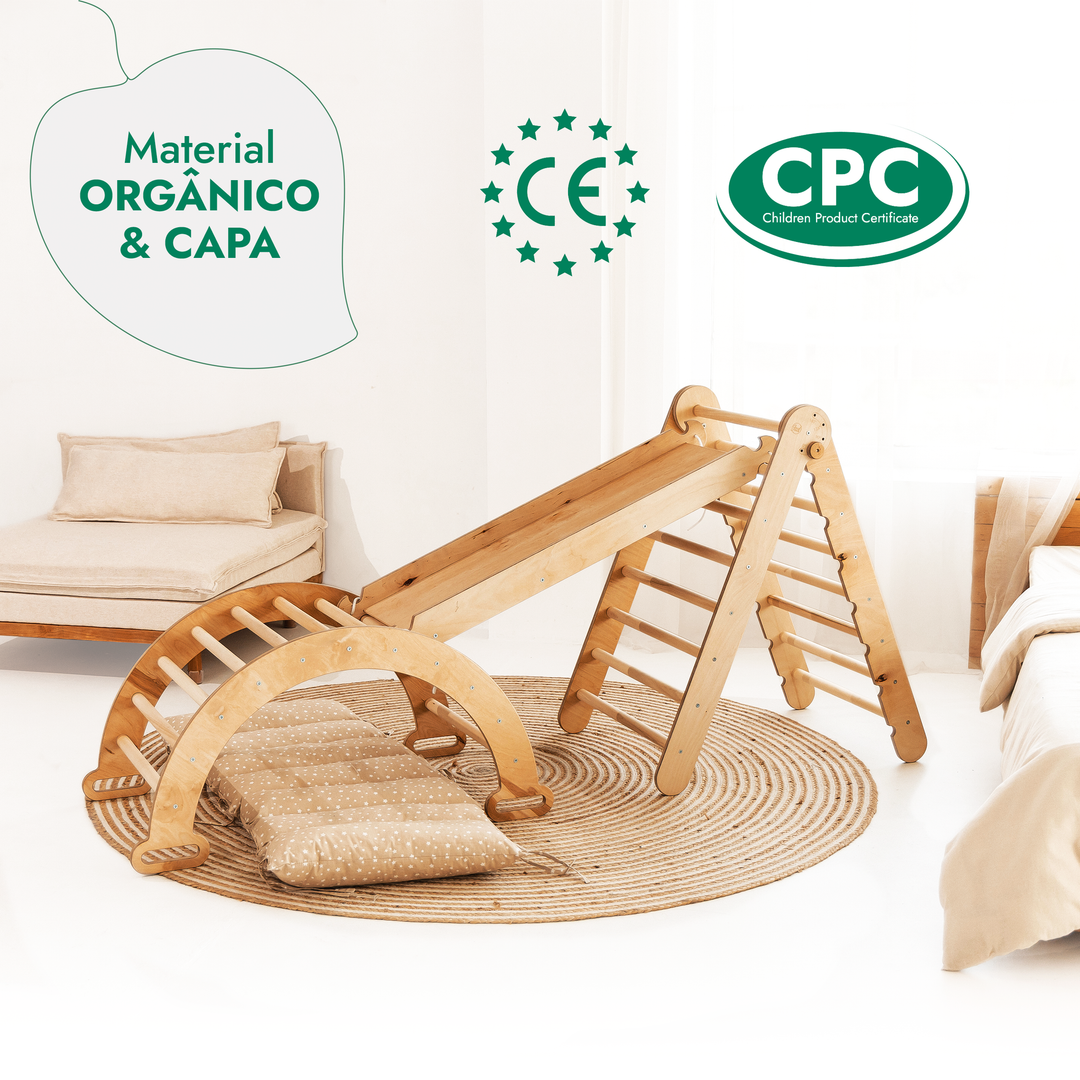 Conjunto de escalada Montessori 4 em 1: Escada Triangular + Arco de Escalada + Escorrega + Almofada Bege