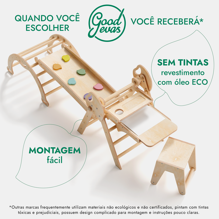 Conjunto de trepar 5 em 1 para crianças: Escada Triangular + Arco de Escalada + Escorrega + Almofada + Acessório de desenho e arte
