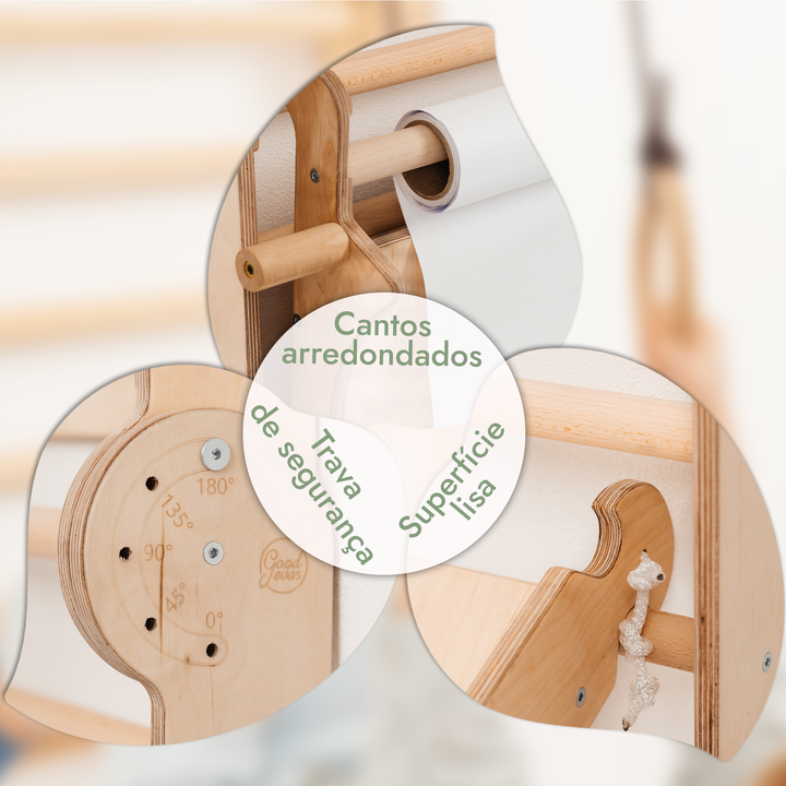 Parede sueca de madeira 4 em 1 / Escada de escalada para crianças + Baloiço + Escorrega + Quadro para desenho e arte