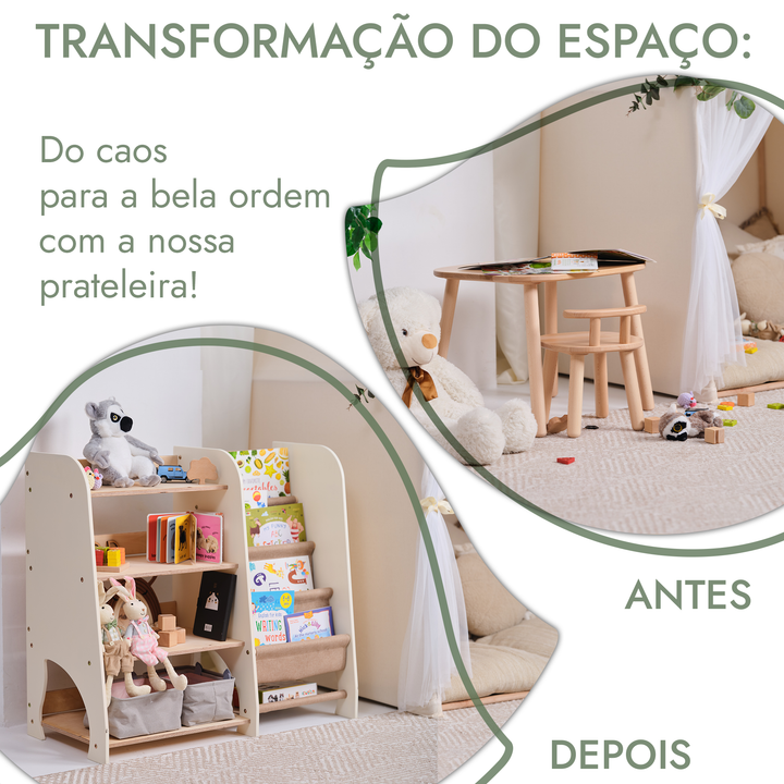 Prateleiras Montessori de Madeira 2‑em‑1 para Crianças: Estante para Livros e Brinquedos