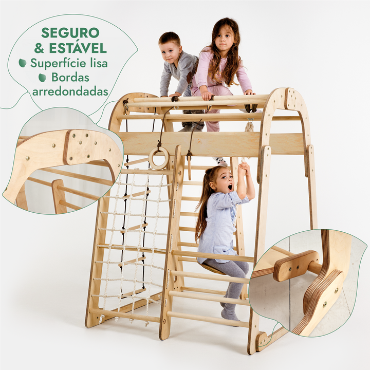 Parque infantil interior em madeira para crianças - Parque infantil 6 em 1 + conjunto de baloiços + escorrega
