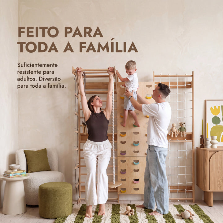 7-in-1 Parede de Escalada para Crianças: espaldar, rede, barra e baloiços 3em1