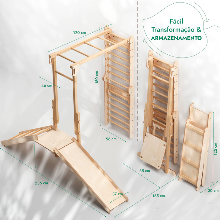 Conjunto de Brincadeira Jungle 7-em-1 para Crianças: Escada Sueca + Barras de Macaco + Balanço + Escorrega + Rampa
