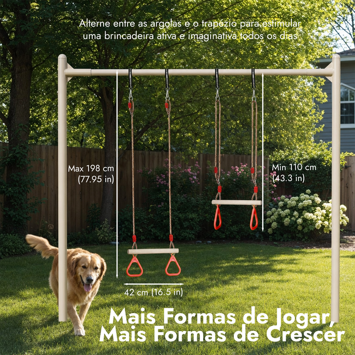 Conjunto de baloiço 2em1: Trapézio + Argolas de ginástica