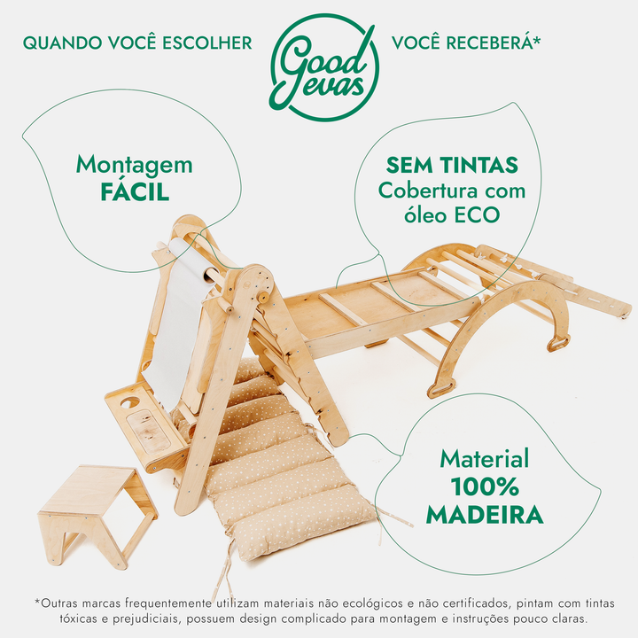 Conjunto de escalada Montessori 6 em 1: Escada triangular + Arco/Baloiço + Escorrega/Rampa + Rede + Almofada + Acessório de desenho e arte
