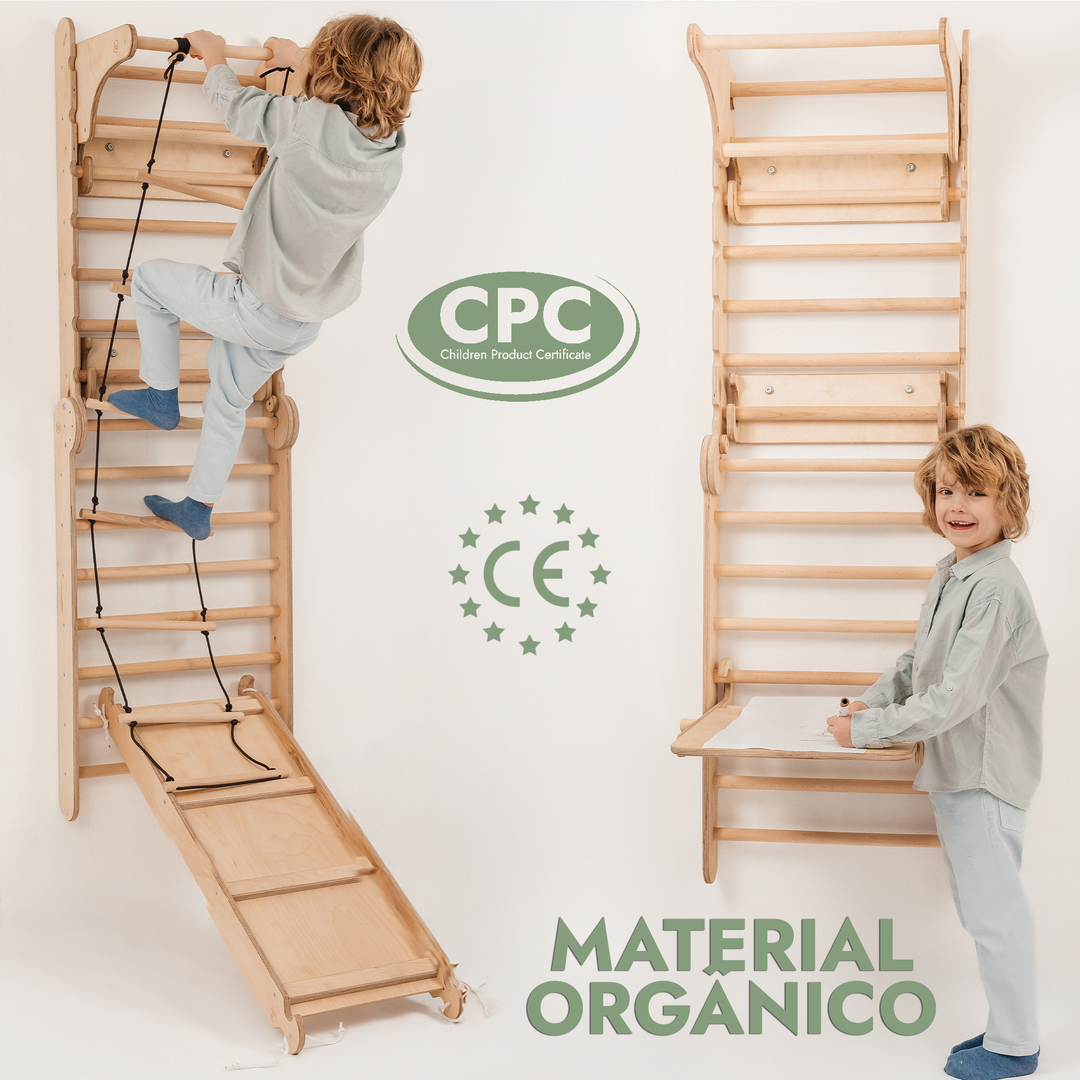Parede sueca de madeira 4 em 1 / Escada de escalada para crianças + Baloiço + Escorrega + Quadro para desenho e arte