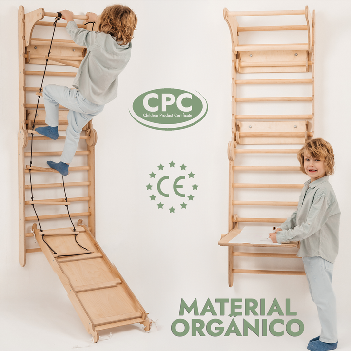 Parede sueca de madeira 4 em 1 / Escada de escalada para crianças + Baloiço + Escorrega + Quadro para desenho e arte