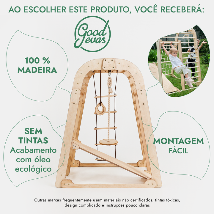 Parque infantil interior em madeira para crianças - Parque infantil 6 em 1 + conjunto de baloiços + escorrega