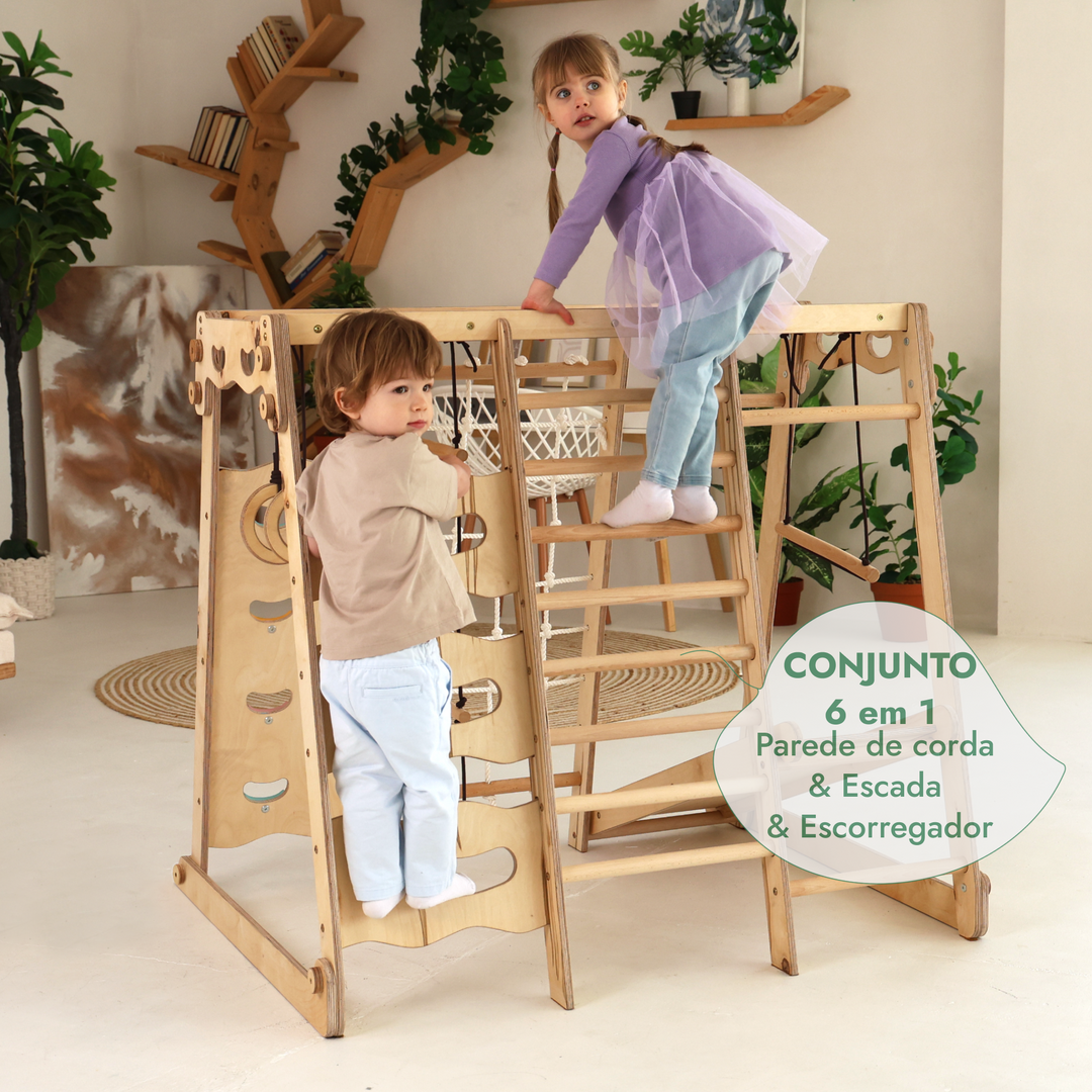 Ginásio Indoor Jungle 6-em-1 para Crianças: Parque de Brincadeiras + Conjunto de Balanços + Escorrega + Corda + Escadas