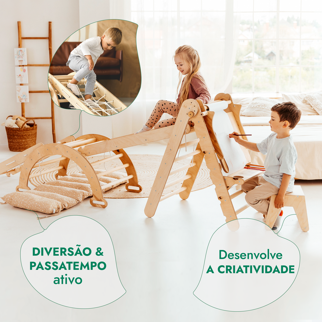 Conjunto de escalada Montessori 6 em 1: Escada triangular + Arco/Baloiço + Escorrega/Rampa + Rede + Almofada + Acessório de desenho e arte