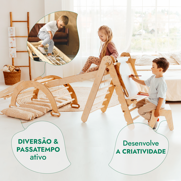 Conjunto de escalada Montessori 6 em 1: Escada triangular + Arco/Baloiço + Escorrega/Rampa + Rede + Almofada + Acessório de desenho e arte