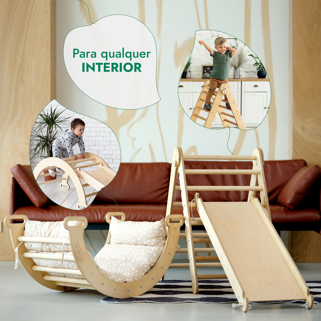 Conjunto de escalada Montessori 4 em 1: Escada Triangular + Arco de Escalada + Escorrega + Almofada Bege