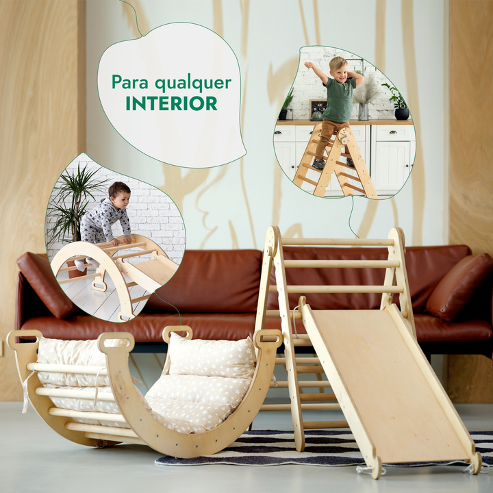 Conjunto de escalada Montessori 4 em 1: Escada Triangular + Arco de Escalada + Escorrega + Almofada Bege