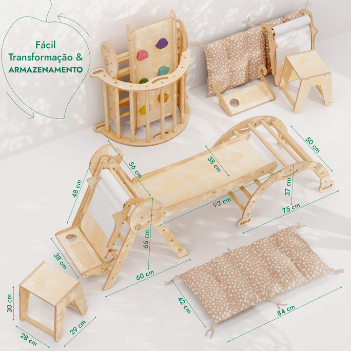 Conjunto de trepar 5 em 1 para crianças: Escada Triangular + Arco de Escalada + Escorrega + Almofada + Acessório de desenho e arte
